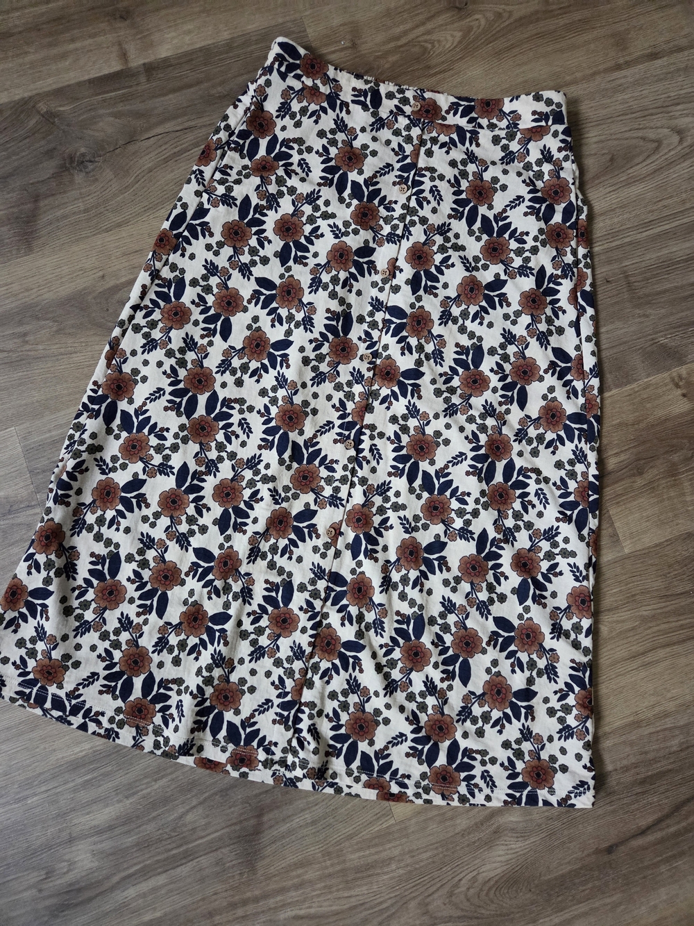 bobeau Cream A-Line Midi Skirt with Navy and Rust Floral Print